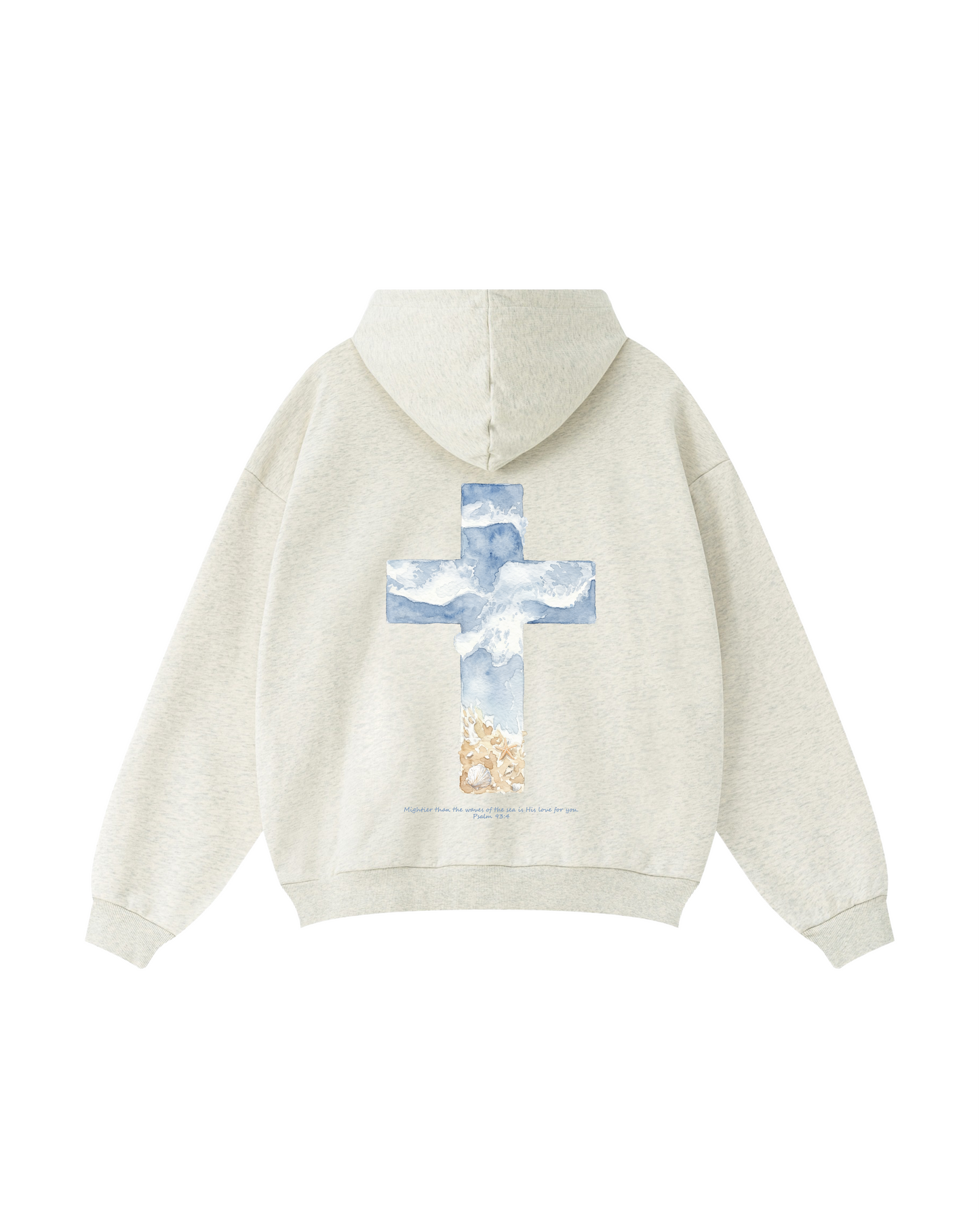 “Mightier Than the Waves” Watercolor Cross Hoodie