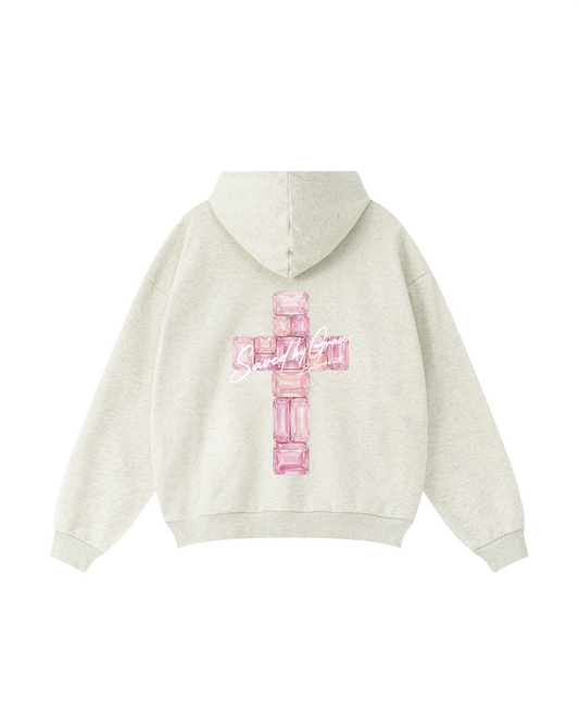 “Saved by Grace” Pink Gem Cross Hoodie