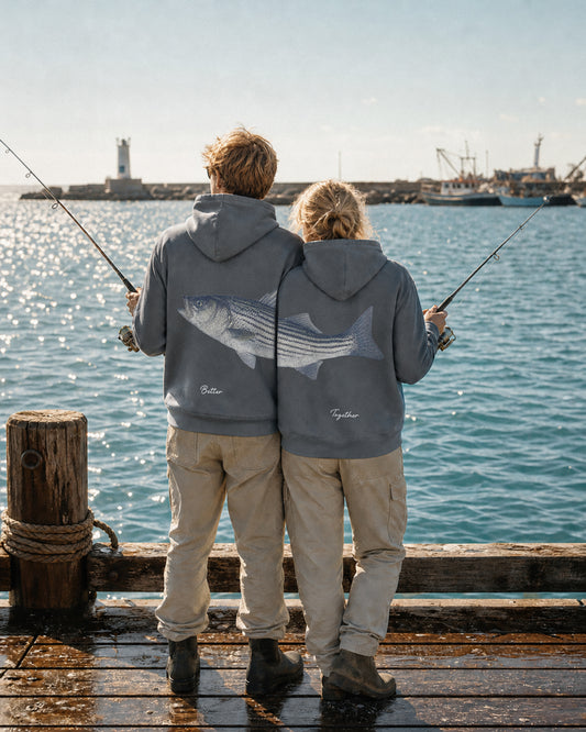 Better Together: Striped Bass Fishing Couple Unisex Hoodie Set