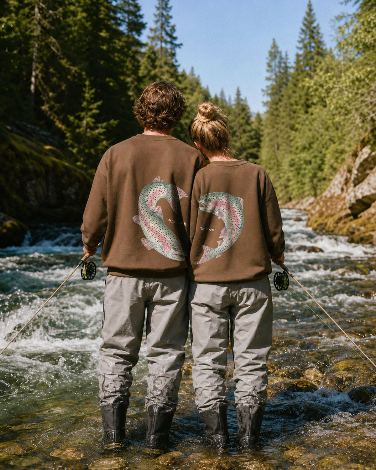 The Catch & The Keeper Rainbow Trout Couple Fishing Crewneck Set